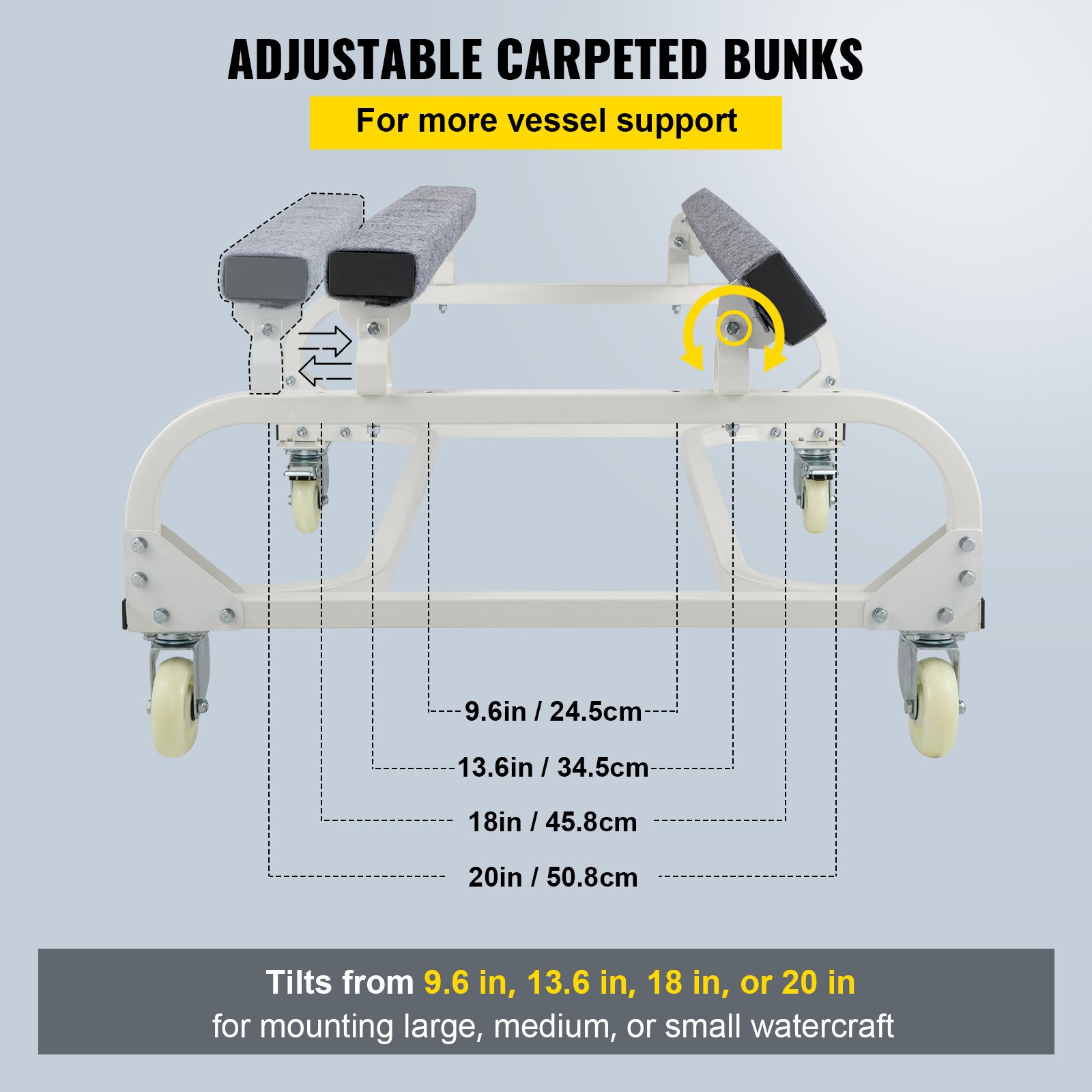 VEVOR jet ski dolly with adjustable carpeted bunks for various sizes and tilts from 9.6 to 20 inches.