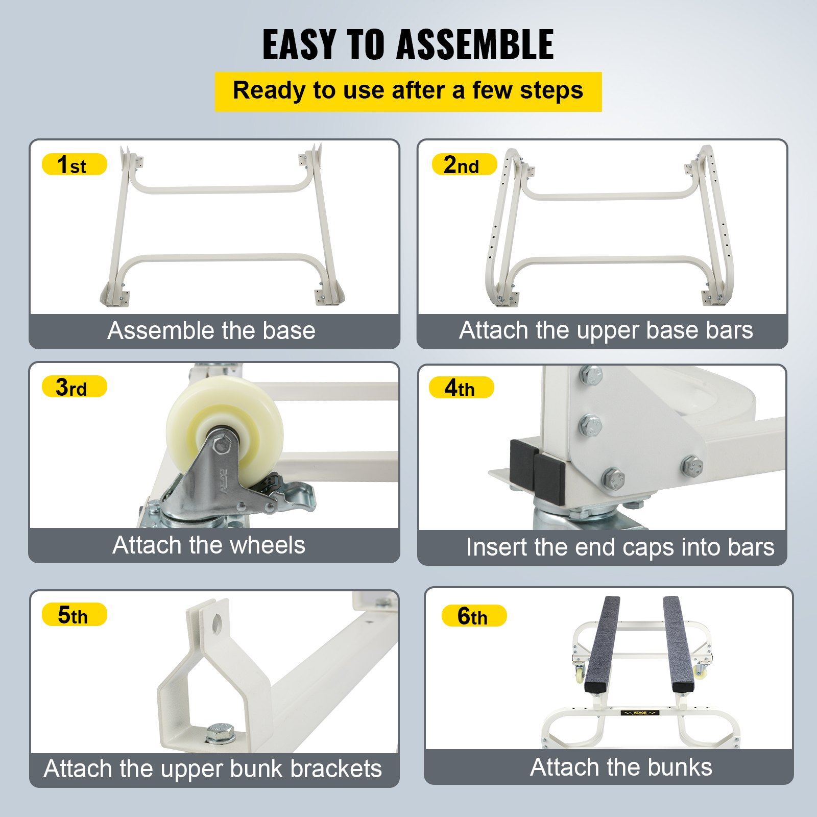 VEVOR jet ski dolly assembly steps: assemble base, attach bars, wheels, end caps, bunk brackets, bunks.