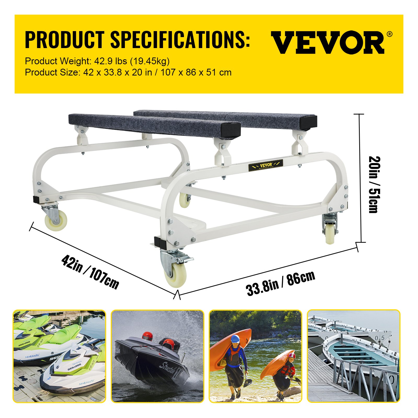 VEVOR jet ski dolly specifications with dimensions and images of jet skis, boats, and kayaks.