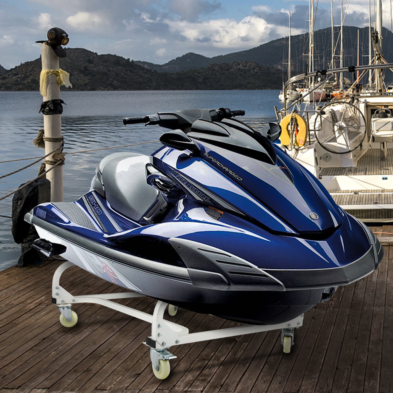 blue jet ski on a dock with mountains in the background, mounted on a VEVOR jet ski dolly.