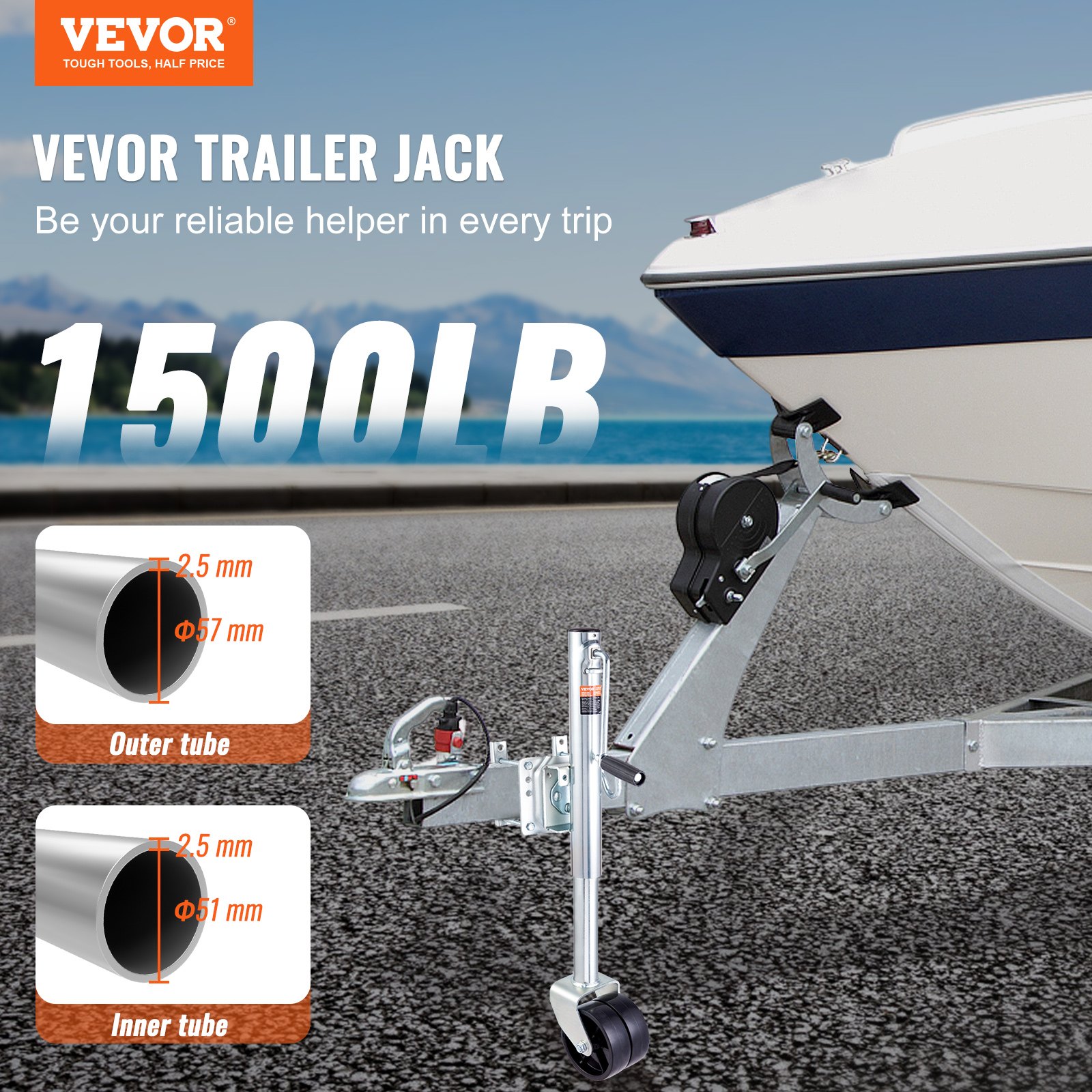 VEVOR Trailer Jack, Boat Trailer Jack 89.7 cm, Bolt-on Trailer Tongue Jack Weight Capacity 681 kg, with PP Wheels and Handle for lifting RV Trailer, Horse Trailer, Utility Trailer, Yacht Trailer