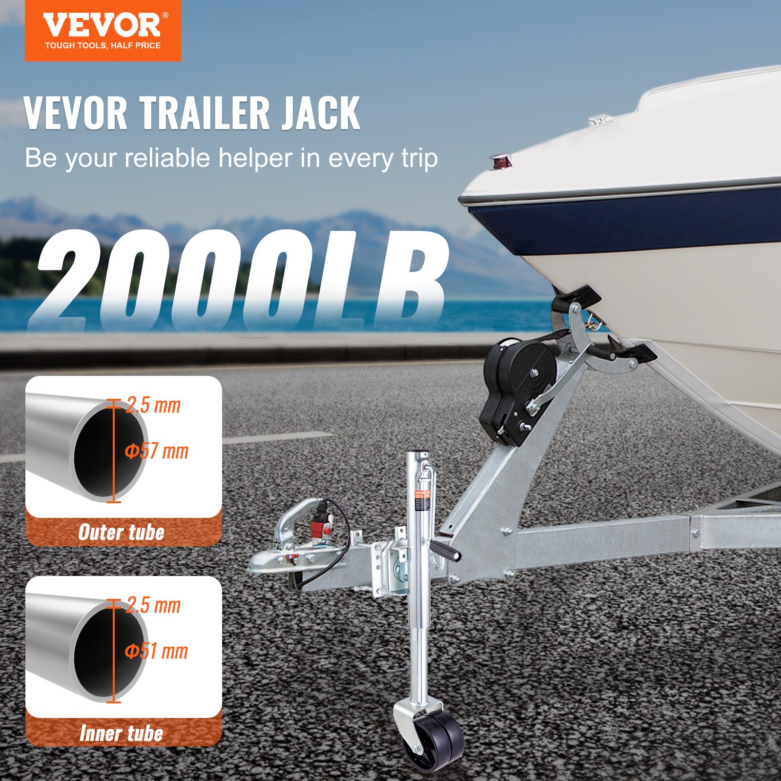 VEVOR Trailer Jack, Boat Trailer Jack 89.7 cm, Bolt-on Trailer Tongue Jack Weight Capacity 907.2 kg, with PP Wheel and Handle for Lifting RV Trailer, Horse Trailer, Utility Trailer, Yacht Trailer