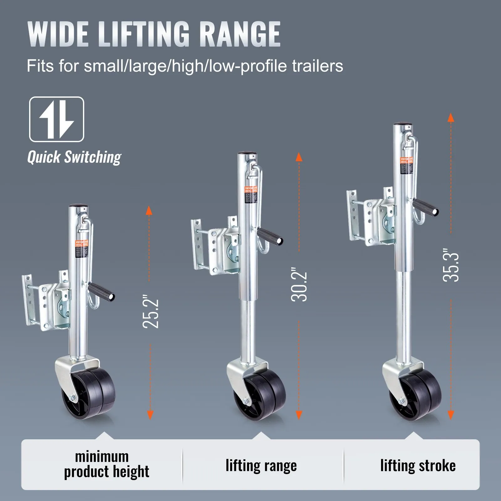 VEVOR Trailer Jack, Boat Trailer Jack 89.7 cm, Bolt-on Trailer Tongue Jack Weight Capacity 907.2 kg, with PP Wheel and Handle for Lifting RV Trailer, Horse Trailer, Utility Trailer, Yacht Trailer