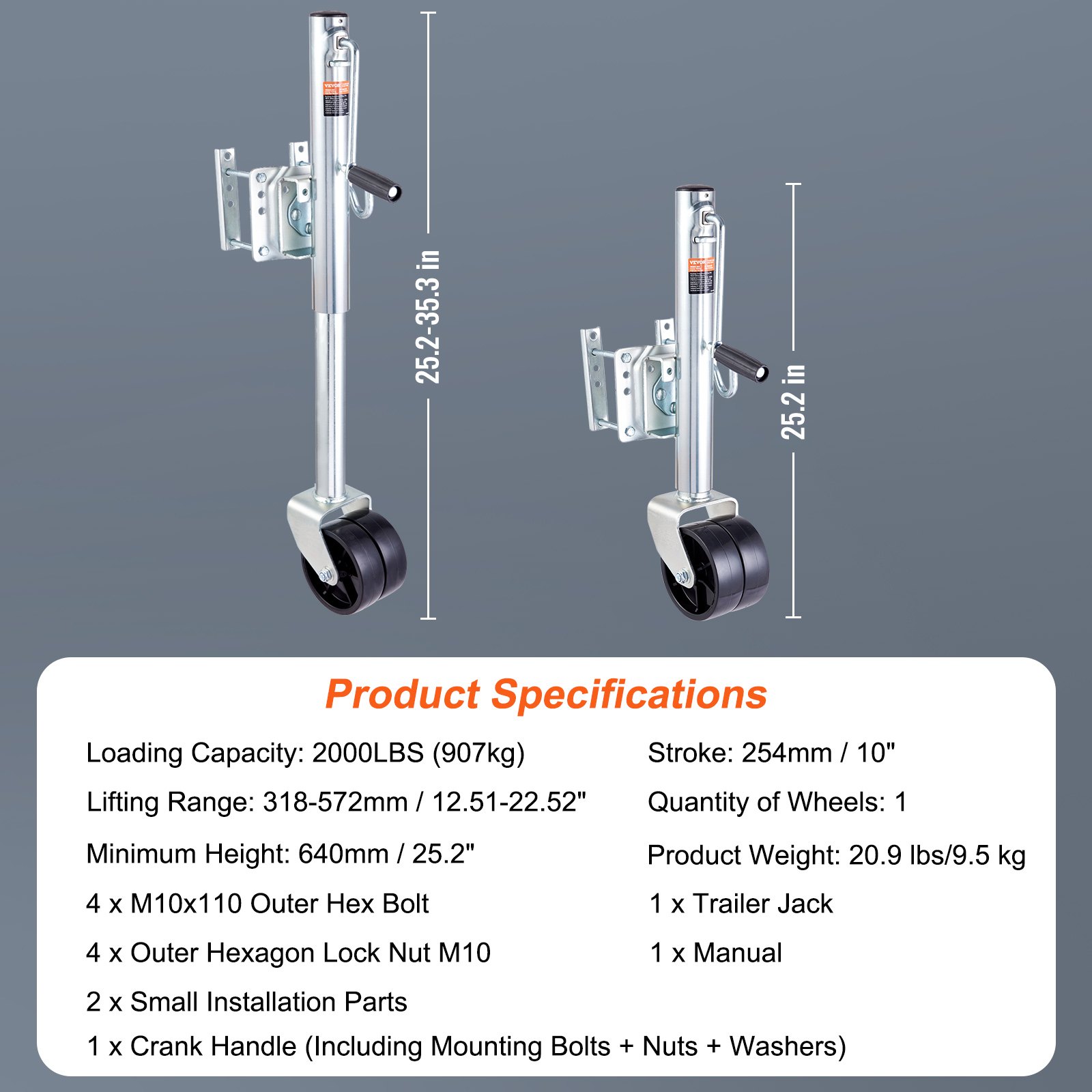 VEVOR Trailer Jack, Boat Trailer Jack 89.7 cm, Bolt-on Trailer Tongue Jack Weight Capacity 907.2 kg, with PP Wheel and Handle for Lifting RV Trailer, Horse Trailer, Utility Trailer, Yacht Trailer