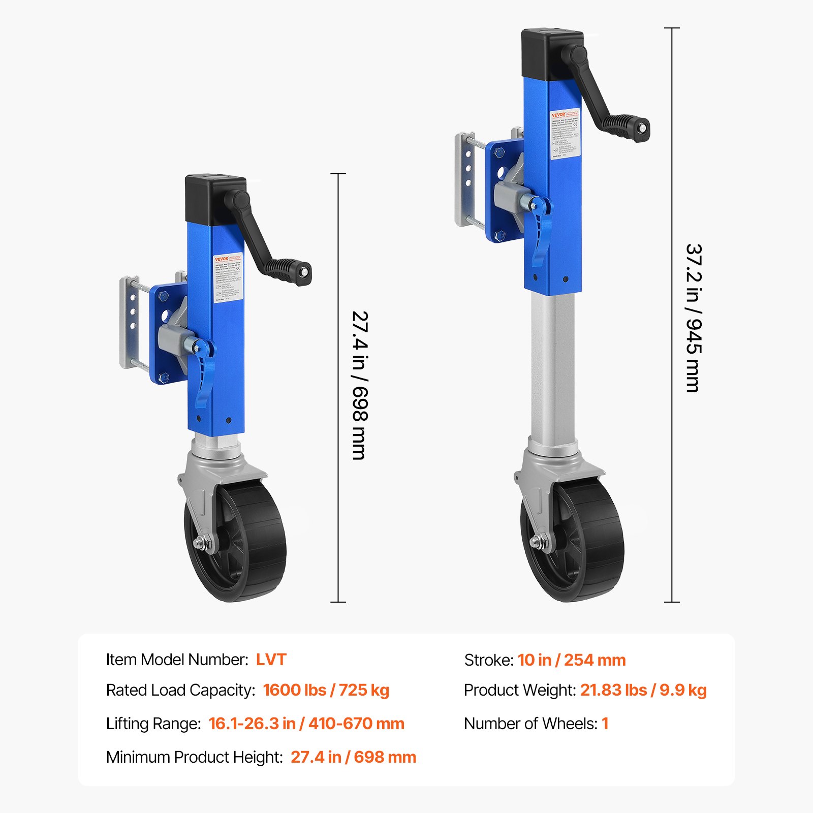 VEVOR Trailer Jack with Wheel, 1600 lbs Heavy Duty Swivel Boat Trailer Jack PP Single Wheel, 10" Lift, Bolt-on Trailer Tongue Jack with Ergonomic Handle for RV, Boat, Horse Trailer, Utility Trailer