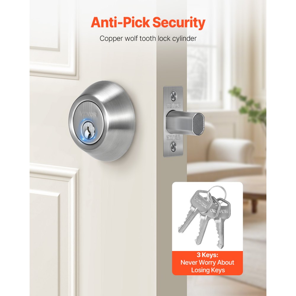 VEVOR Deadbolt Lock, Round Single Cylinder Dead Bolt, Keyed 1 Side, Fits Standard Size Interior and Exterior Doors, Full Metal, with 3 Keys, for Front Entry Door Residential Security, Satin Nickel