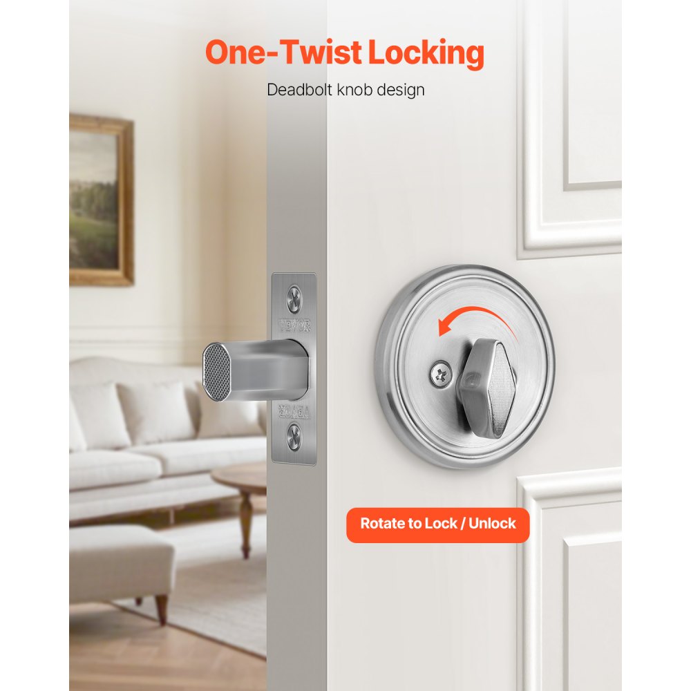 VEVOR Deadbolt Lock, Round Single Cylinder Dead Bolt, Keyed 1 Side, Fits Standard Size Interior and Exterior Doors, Full Metal, with 3 Keys, for Front Entry Door Residential Security, Satin Nickel