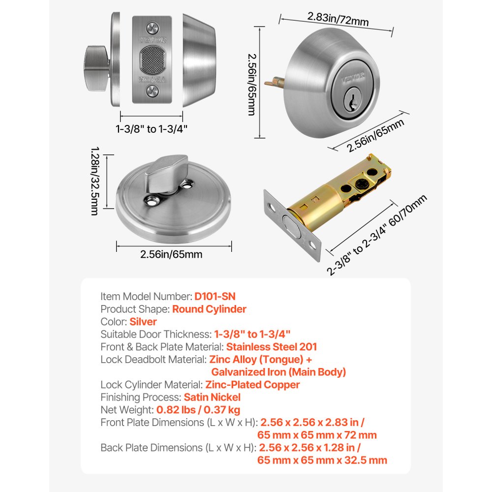 VEVOR Deadbolt Lock, Round Single Cylinder Dead Bolt, Keyed 1 Side, Fits Standard Size Interior and Exterior Doors, Full Metal, with 3 Keys, for Front Entry Door Residential Security, Satin Nickel
