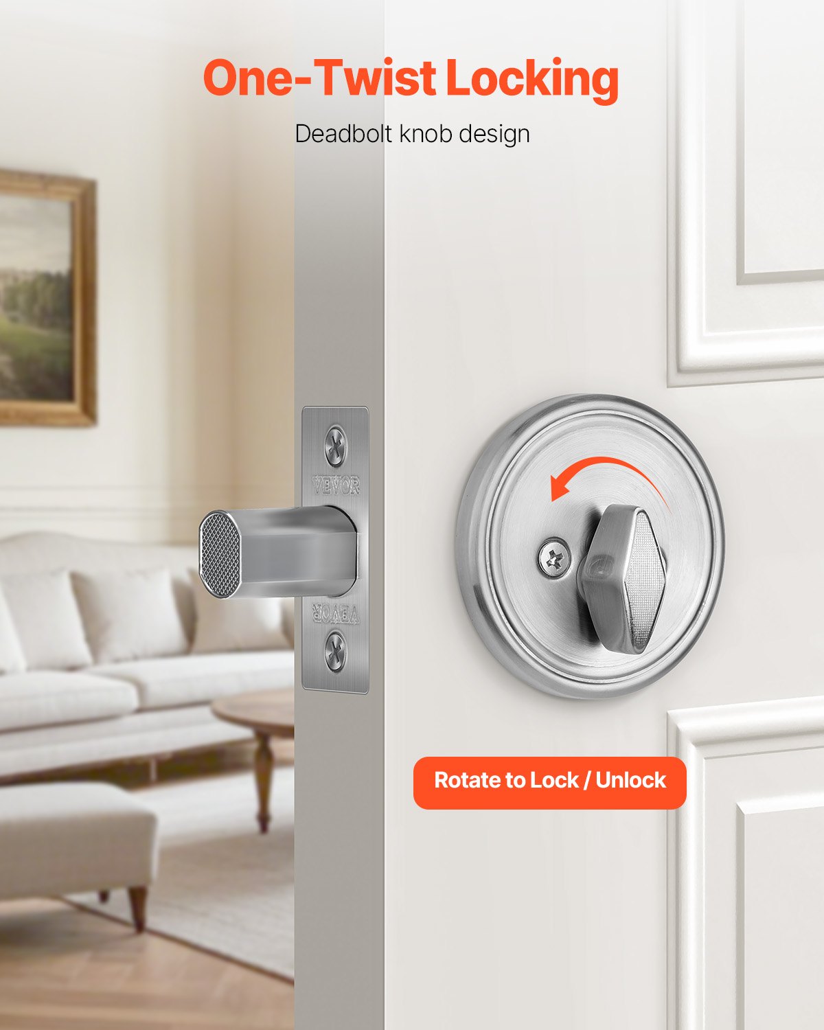 VEVOR Deadbolt Lock, Round Single Cylinder Dead Bolt, Keyed 1 Side, Fits Standard Size Interior and Exterior Doors, Full Metal, with 3 Keys, for Front Entry Door Residential Security, Satin Nickel