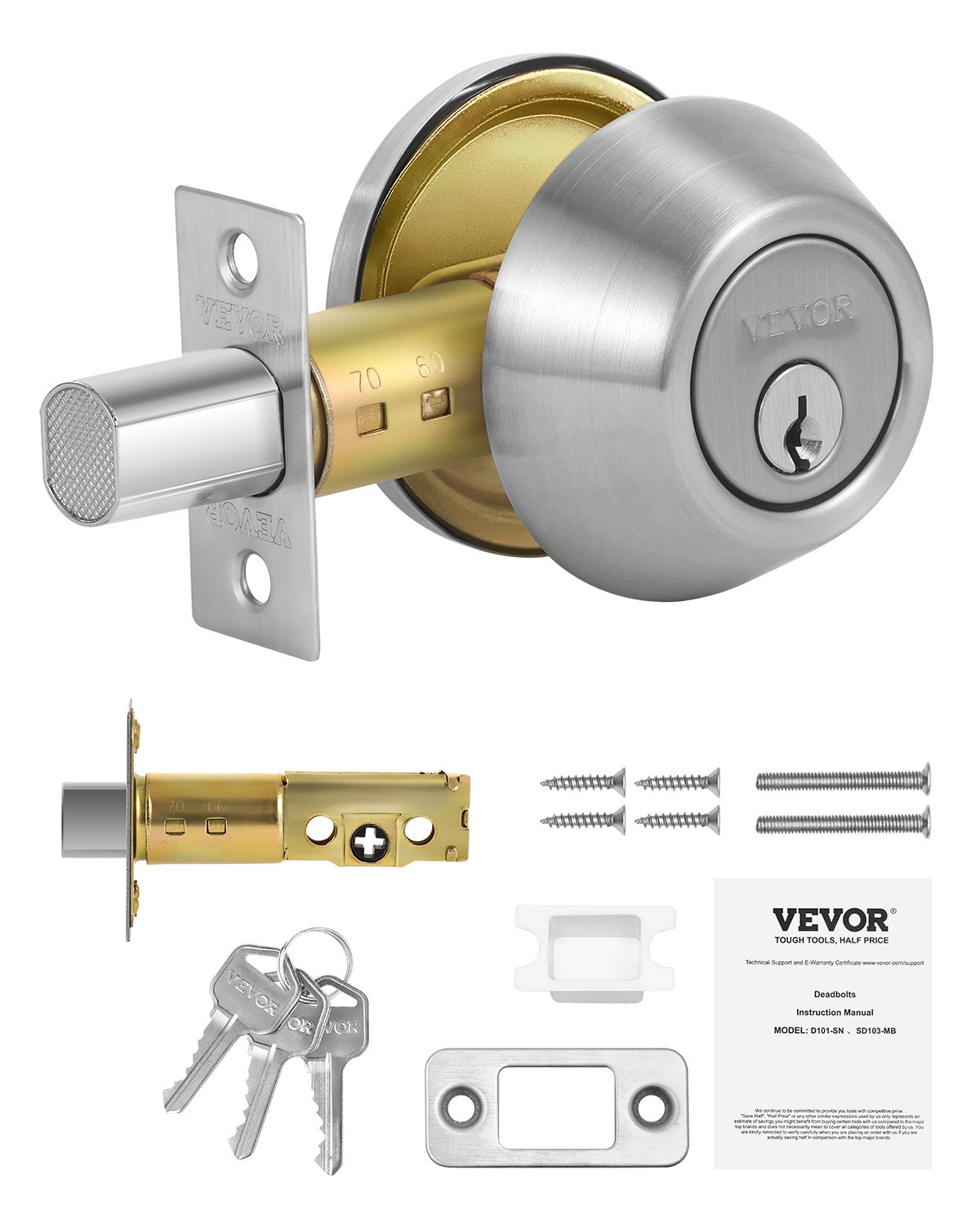 VEVOR Deadbolt Lock, Round Single Cylinder Dead Bolt, Keyed 1 Side, Fits Standard Size Interior and Exterior Doors, Full Metal, with 3 Keys, for Front Entry Door Residential Security, Satin Nickel
