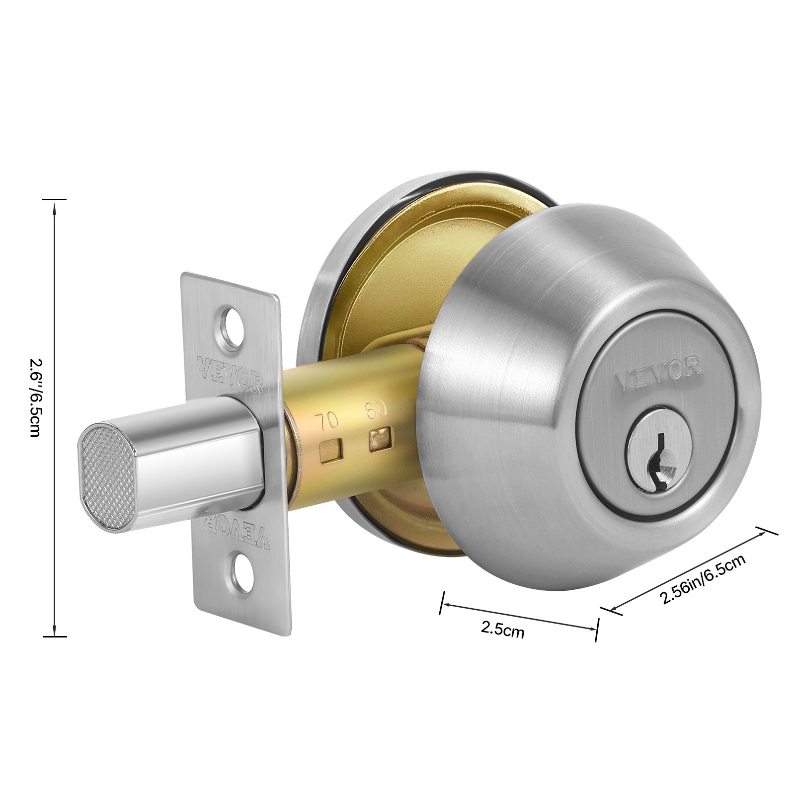 VEVOR Deadbolt Lock, Round Single Cylinder Dead Bolt, Keyed 1 Side, Fits Standard Size Interior and Exterior Doors, Full Metal, with 3 Keys, for Front Entry Door Residential Security, Satin Nickel