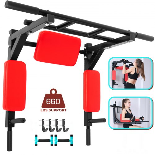 VEVOR Wall Mounted Pull Up Bar Heavy Duty Wall Thicken Pull Up Bar Wall Mounted Multi-Grip Chin Pull Up Bar Gym Workout Pullup Bar Dip Stand Power Tower Set for Home Gym Strength Training (RED)