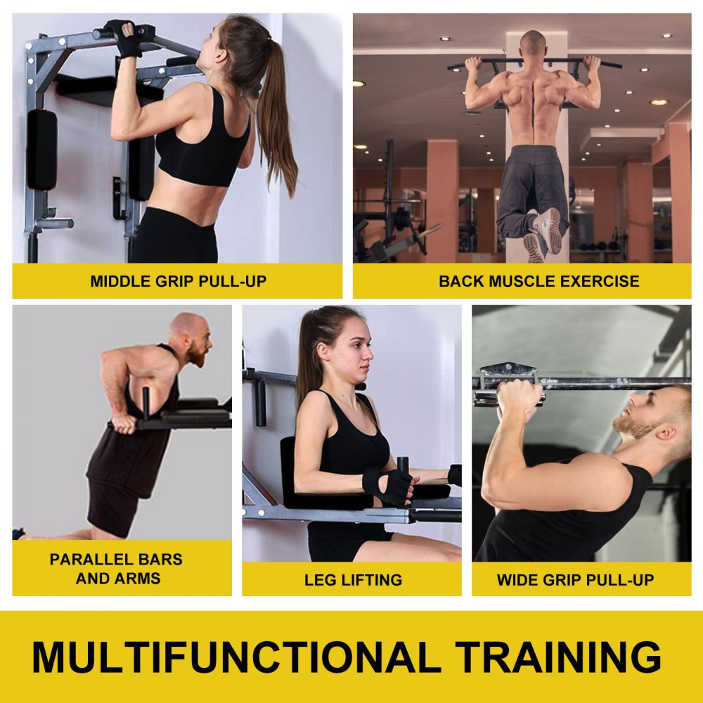 VEVOR Wall Mounted Pull Up Bar 2 in 1 Chin-Up Bar Dip Stand Power Home Gym Tower Set for Home Gym Strength Training Equipment for Home Gym Strength Training
