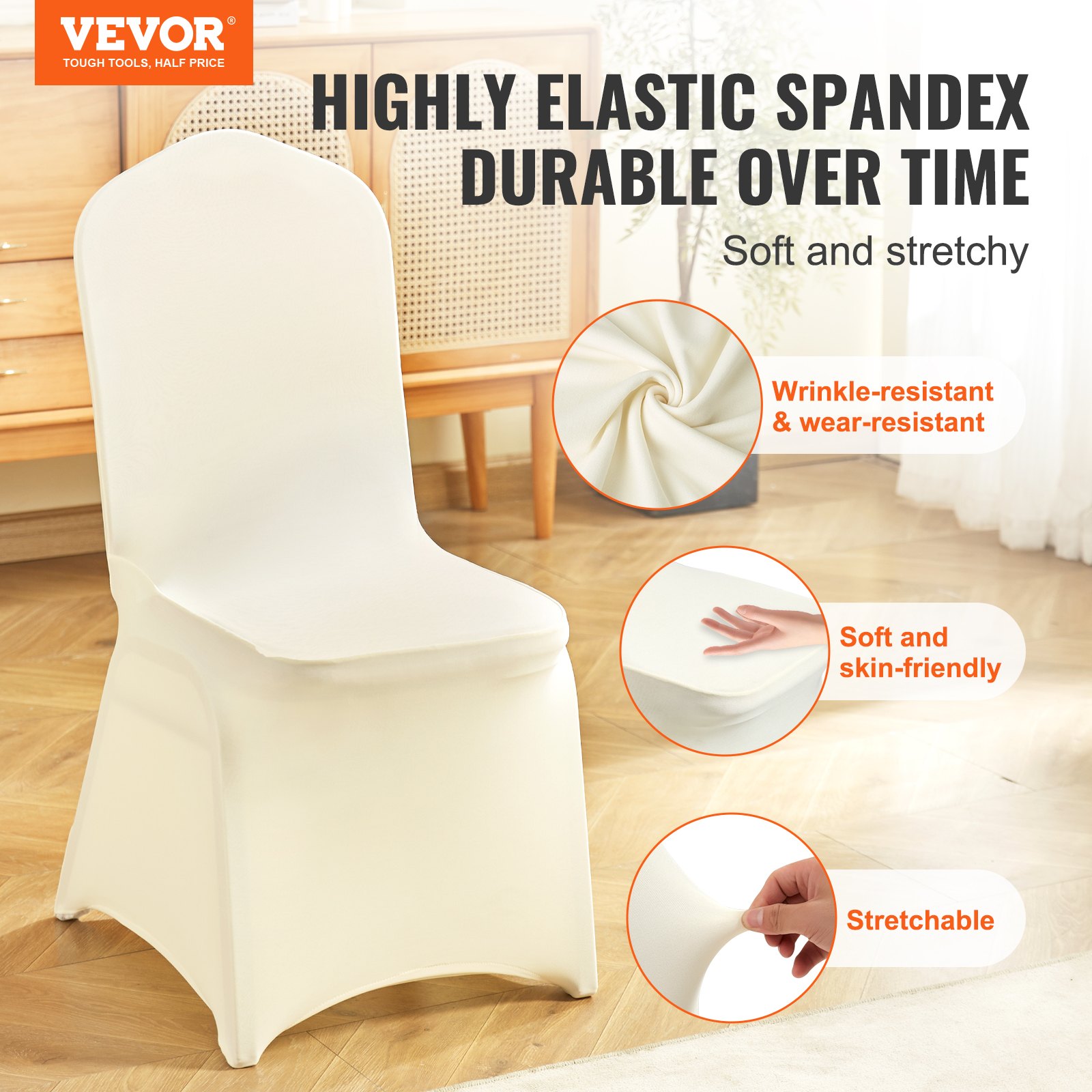 VEVOR Stretch Spandex Folding Chair Covers, Universal Fitted Chair Cover, Removable Washable Protective Slipcovers, for Wedding, Holiday, Banquet, Party, Celebration, Dining (50PCS Beige)