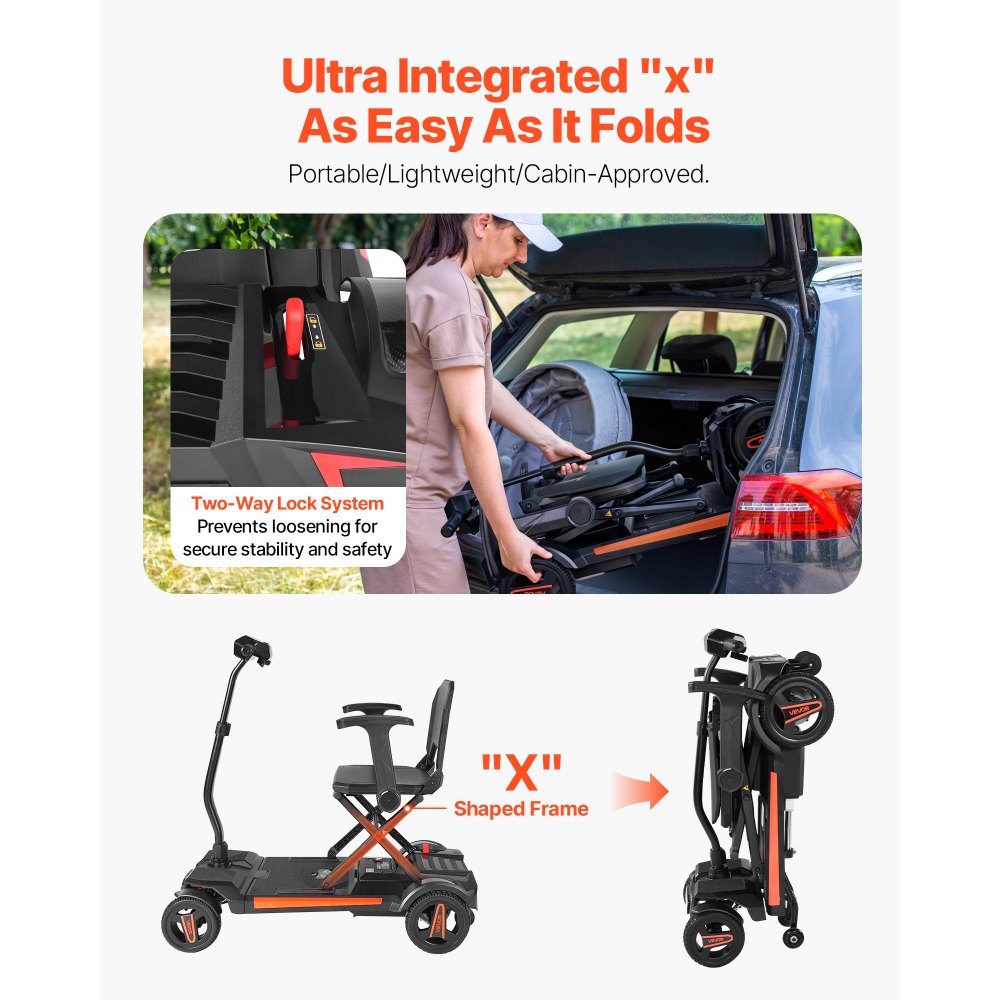 VEVOR 4-Wheel Electric Mobility Scooter for Adults & Seniors, Integrated Automatic Folding Mobility Scooter with Remote Control, NFC Keys & Long Range, 120kg Loading Travel Wheelchair