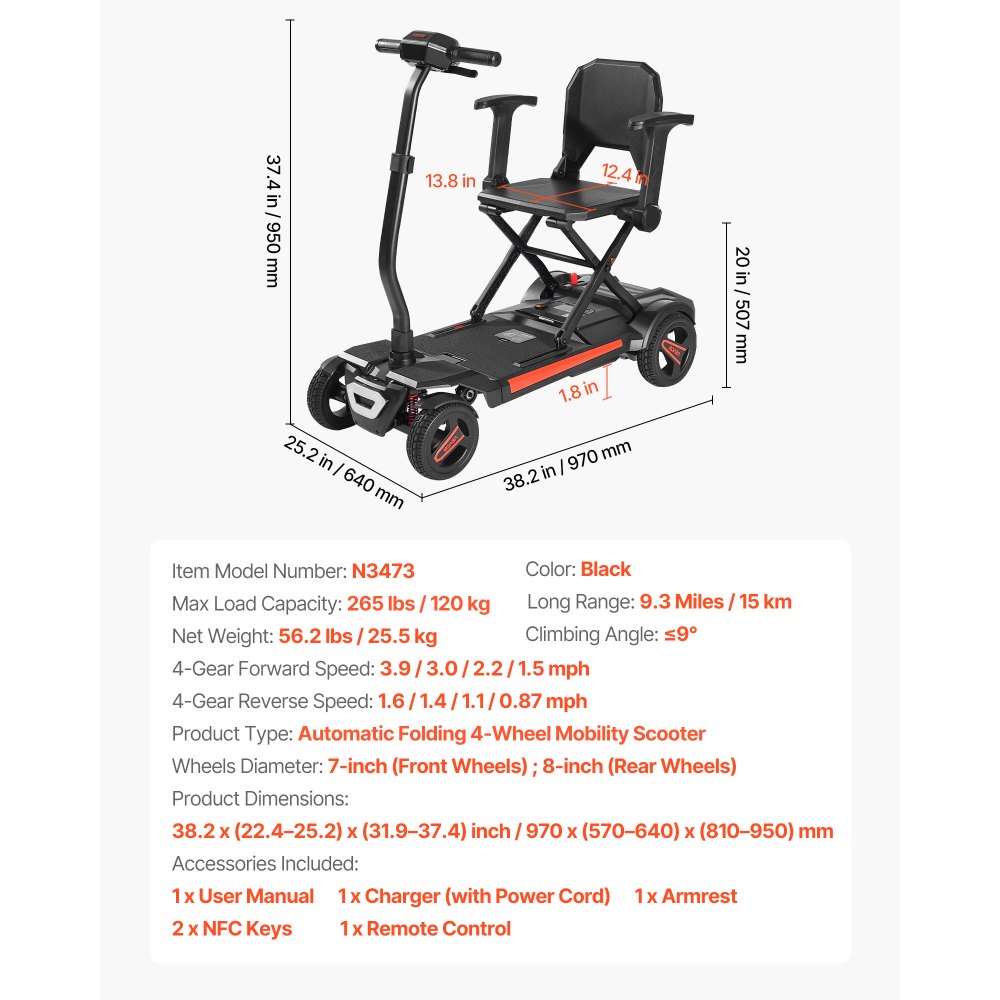 VEVOR 4-Wheel Electric Mobility Scooter for Adults & Seniors, Integrated Automatic Folding Mobility Scooter with Remote Control, NFC Keys & Long Range, 120kg Loading Travel Wheelchair