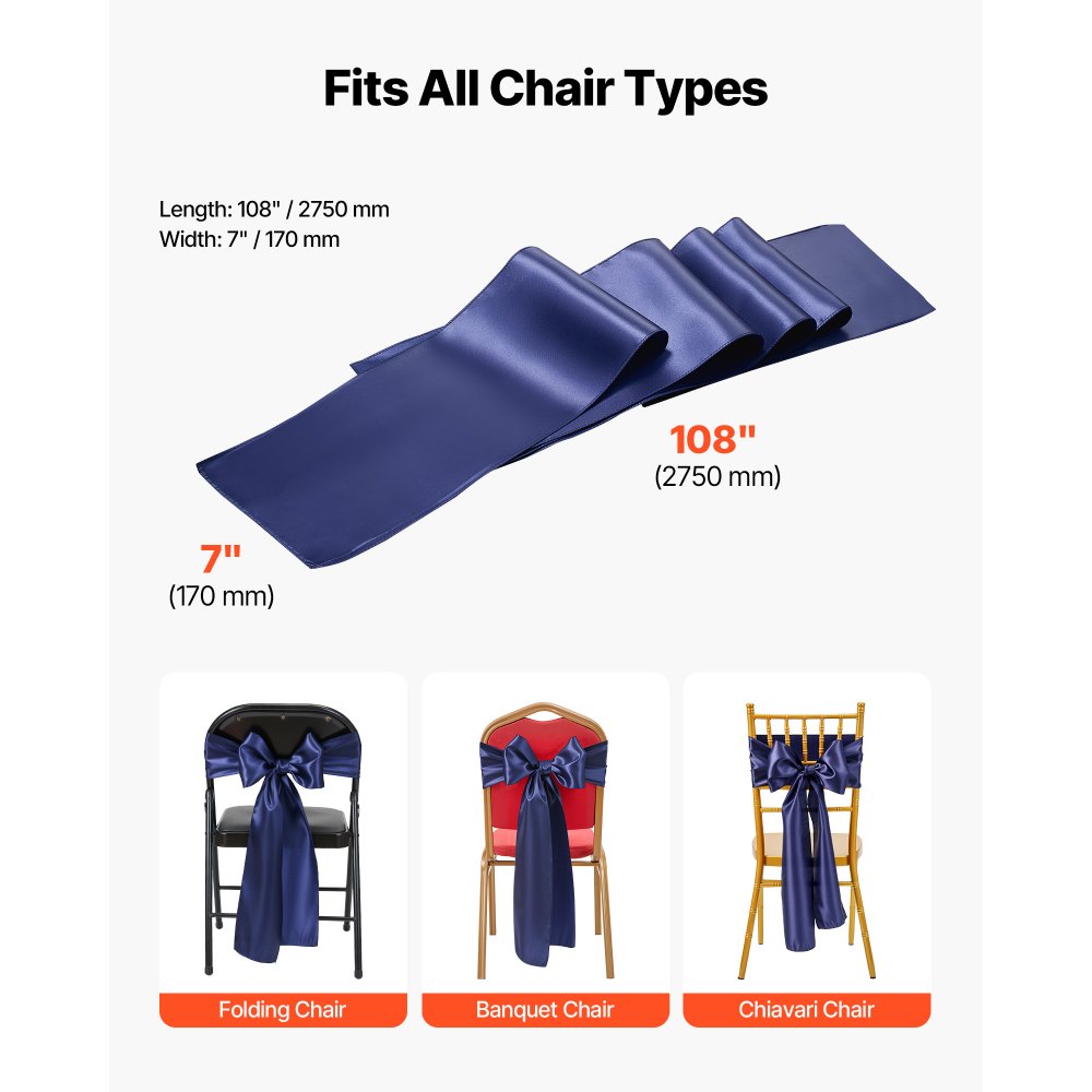 VEVOR Satin Chair Sashes Bows, 50PCS Chair Ribbon Ties Back Sash, 7 x 108 inch, Navy Blue Wedding Reception Decoration, for Wedding Ceremony Baby Shower Party Events Banquet Chair Cover Decoration