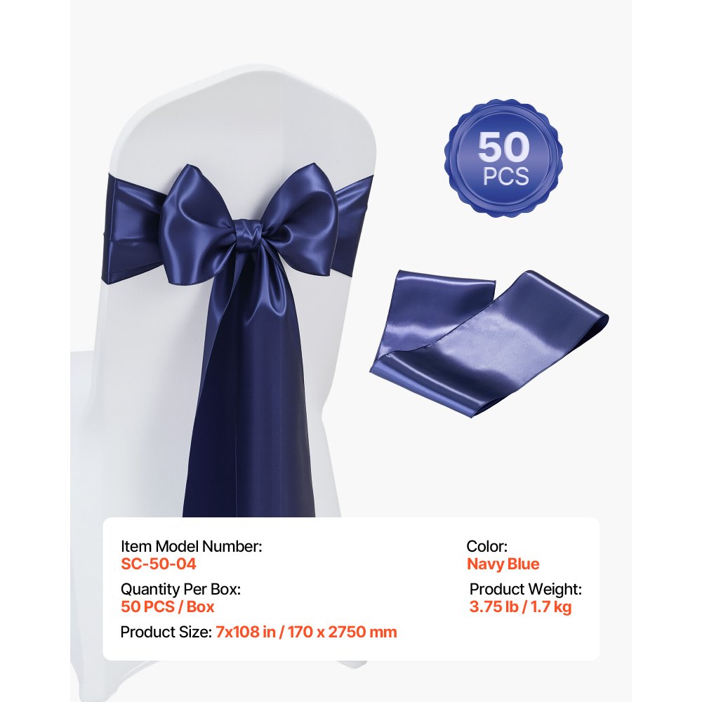 VEVOR Satin Chair Sashes Bows, 50PCS Chair Ribbon Ties Back Sash, 7 x 108 inch, Navy Blue Wedding Reception Decoration, for Wedding Ceremony Baby Shower Party Events Banquet Chair Cover Decoration