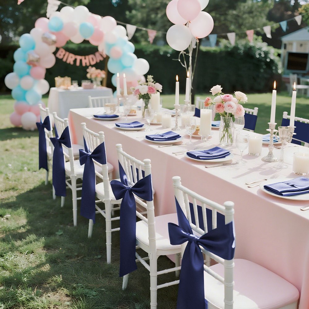 VEVOR Satin Chair Sashes Bows, 50PCS Chair Ribbon Ties Back Sash, 7 x 108 inch, Navy Blue Wedding Reception Decoration, for Wedding Ceremony Baby Shower Party Events Banquet Chair Cover Decoration