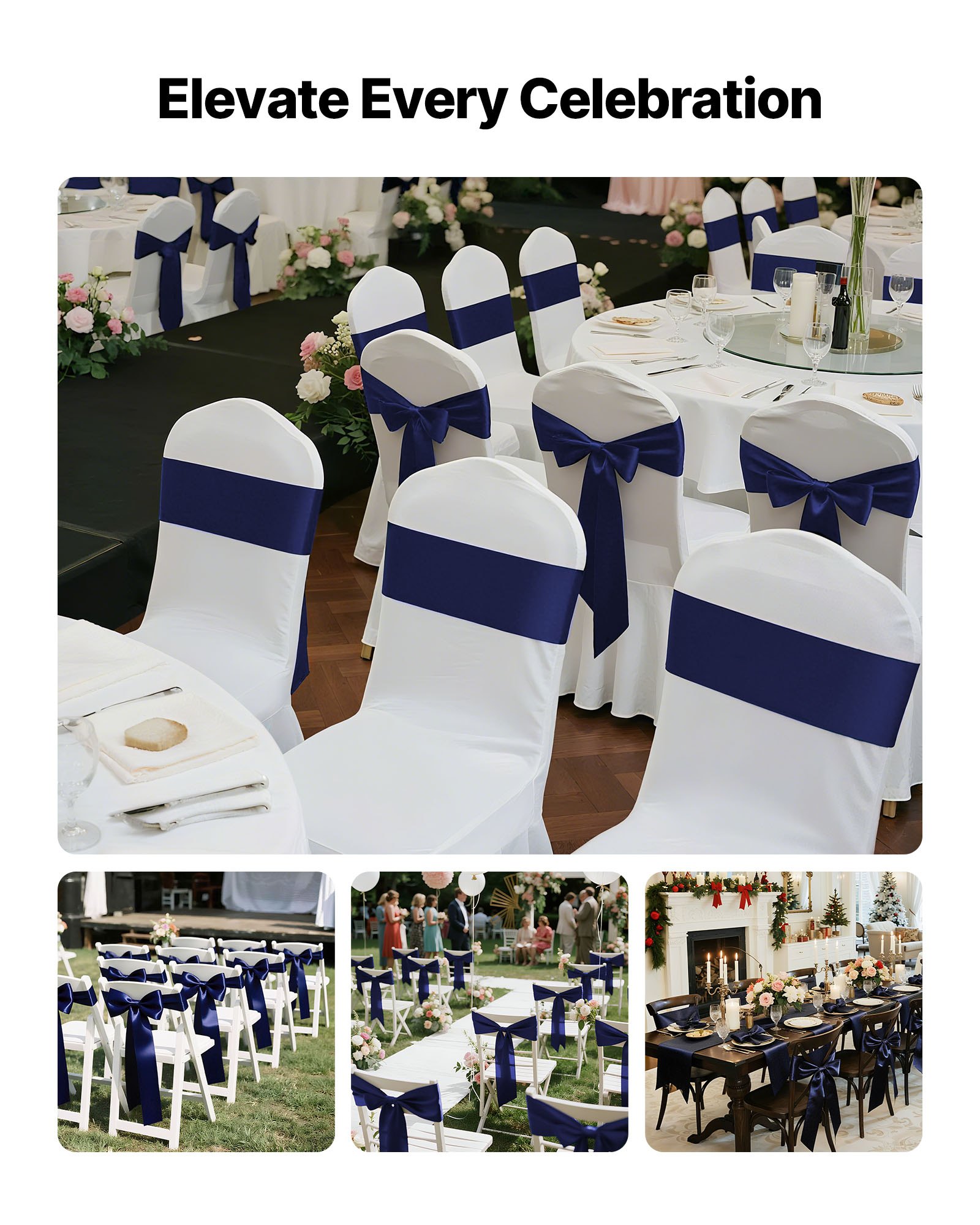 VEVOR Satin Chair Sashes Bows, 50PCS Chair Ribbon Ties Back Sash, 7 x 108 inch, Navy Blue Wedding Reception Decoration, for Wedding Ceremony Baby Shower Party Events Banquet Chair Cover Decoration