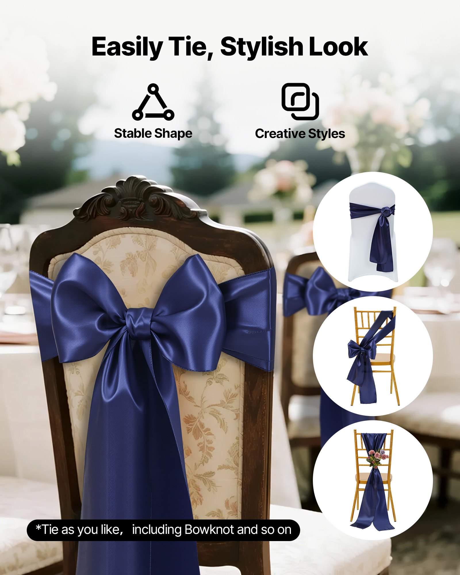 VEVOR Satin Chair Sashes Bows, 50PCS Chair Ribbon Ties Back Sash, 7 x 108 inch, Navy Blue Wedding Reception Decoration, for Wedding Ceremony Baby Shower Party Events Banquet Chair Cover Decoration