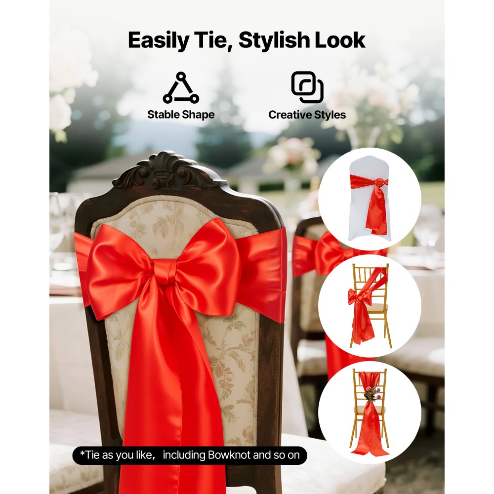 VEVOR Satin Chair Sashes Bows, 100PCS Chair Ribbon Ties Back Sash, 7 x 108 inch, Red Wedding Reception Decoration, for Wedding Ceremony Baby Shower Party Events Banquet Chair Cover Decoration