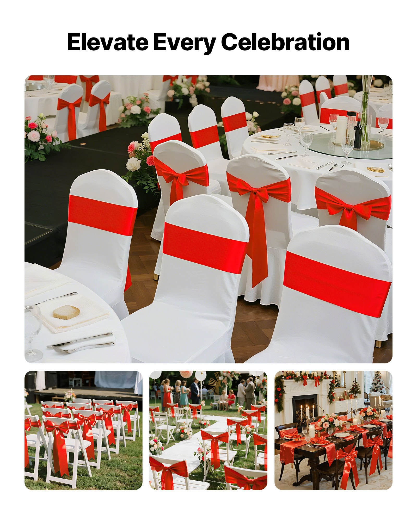 VEVOR Satin Chair Sashes Bows, 100PCS Chair Ribbon Ties Back Sash, 7 x 108 inch, Red Wedding Reception Decoration, for Wedding Ceremony Baby Shower Party Events Banquet Chair Cover Decoration
