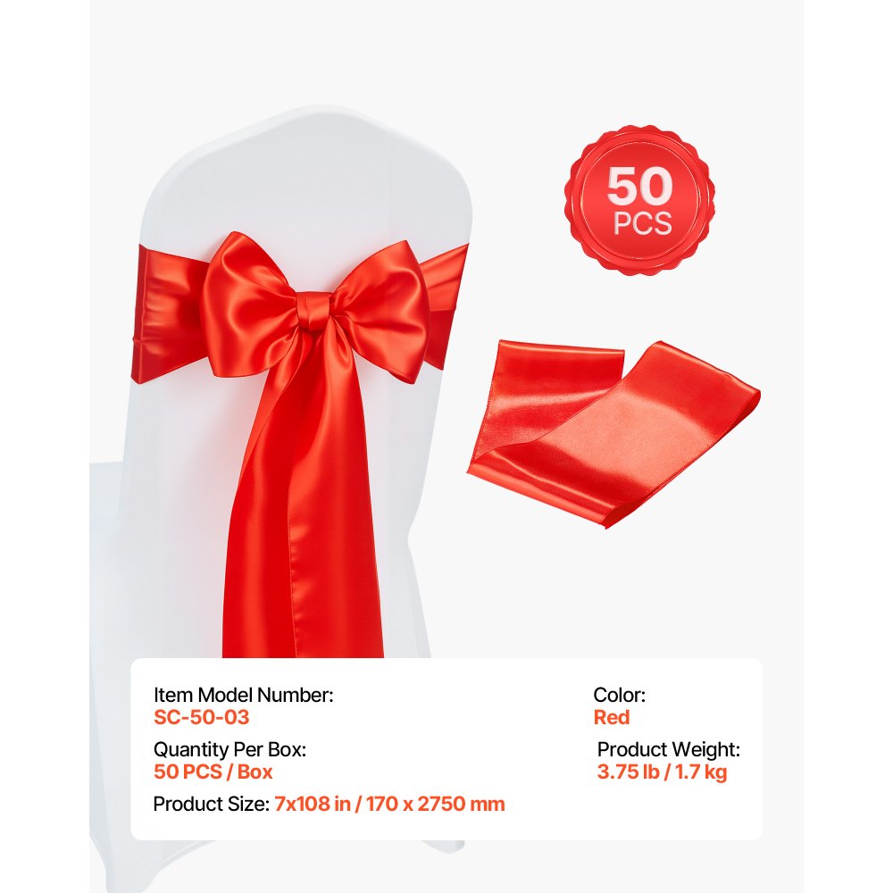 VEVOR Satin Chair Sashes Bows, 50PCS Chair Ribbon Ties Back Sash, 7 x 108 inch, Red Wedding Reception Decoration, for Wedding Ceremony Baby Shower Party Events Banquet Chair Cover Decoration