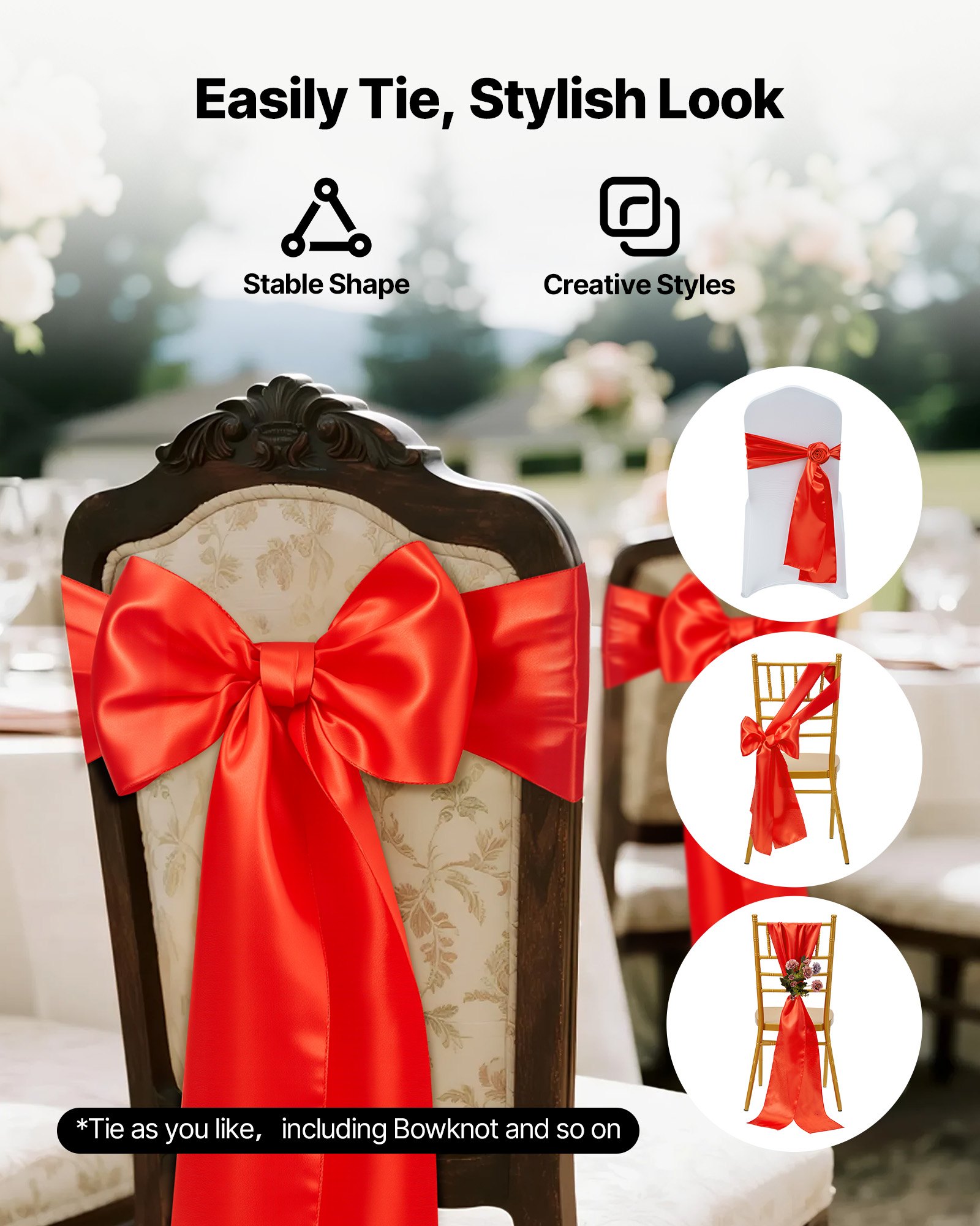 VEVOR Satin Chair Sashes Bows, 50PCS Chair Ribbon Ties Back Sash, 7 x 108 inch, Red Wedding Reception Decoration, for Wedding Ceremony Baby Shower Party Events Banquet Chair Cover Decoration