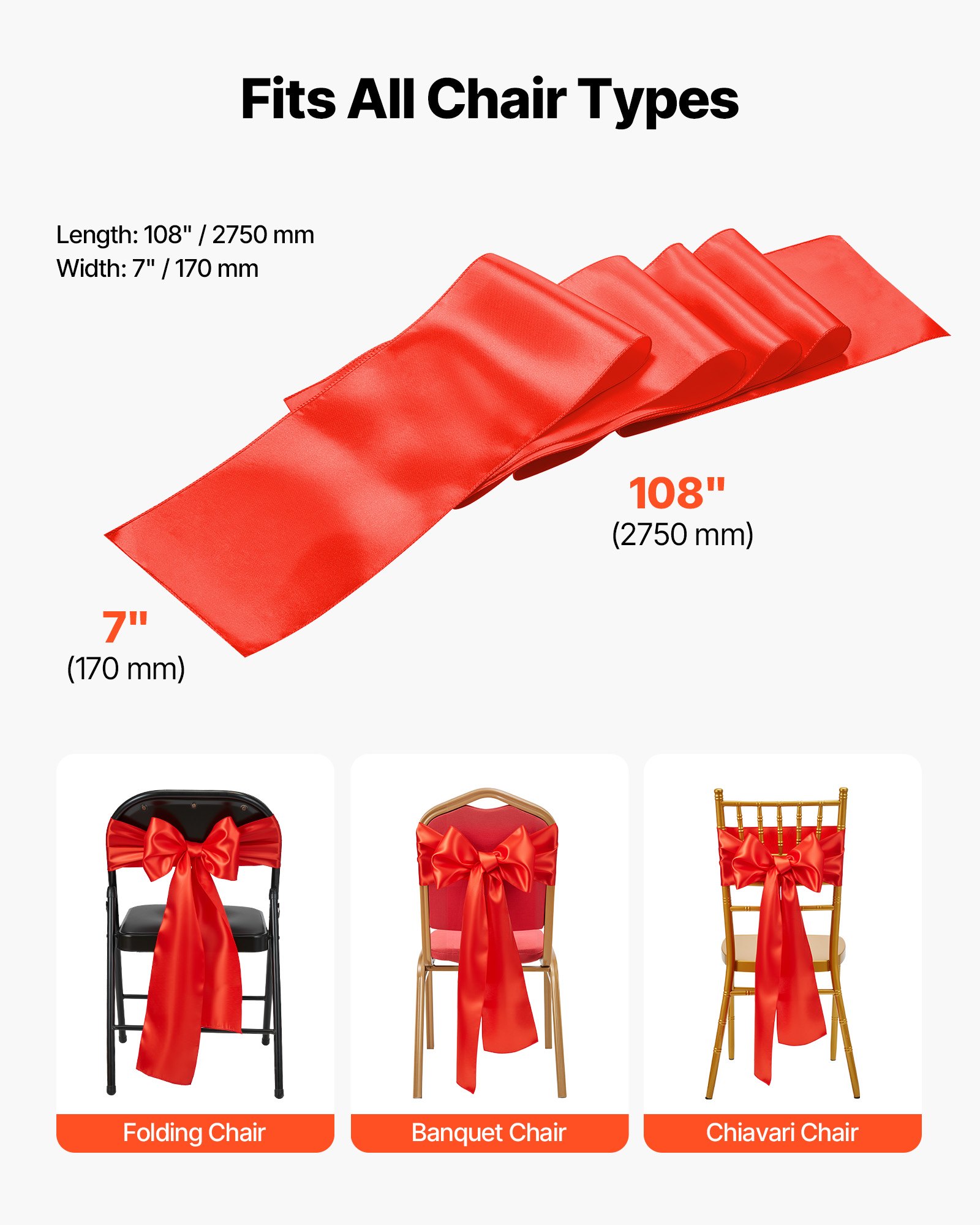 VEVOR Satin Chair Sashes Bows, 50PCS Chair Ribbon Ties Back Sash, 7 x 108 inch, Red Wedding Reception Decoration, for Wedding Ceremony Baby Shower Party Events Banquet Chair Cover Decoration