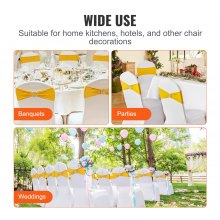 VEVOR Stretch Spandex Chair Sashes, Chair Slipcover and Stretch Chair Sash with Round Buckle, Elastic Chair Bands, Fitting Wedding, Holiday, Banquet, Party Chair Decoration (100 PCS Golden Yellow)