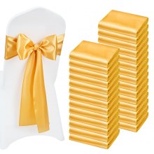 VEVOR Satin Chair Sashes Bows, 100PCS Chair Ribbon Ties Back Sash, 7 x 108 inch, Gold Wedding Reception Decoration, for Wedding Ceremony Baby Shower Party Events Banquet Chair Cover Decoration