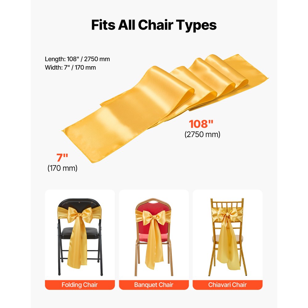 VEVOR Stretch Spandex Chair Sashes Bows, Chair Slipcover and Stretch Chair Sash, Elastic Chair Bands, Fitting Wedding, Holiday, Banquet, Party, Celebration Chair Decoration (50 PCS Gold)