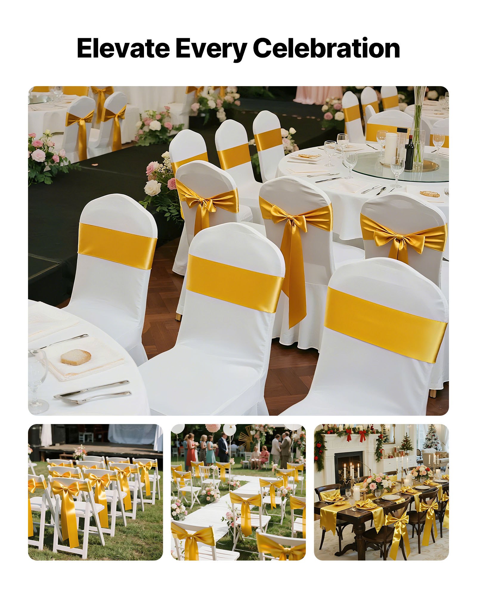 VEVOR Satin Chair Sashes Bows, 50PCS Chair Ribbon Ties Back Sash, 7 x 108 inch, Gold Wedding Reception Decoration, for Wedding Ceremony Baby Shower Party Events Banquet Chair Cover Decoration