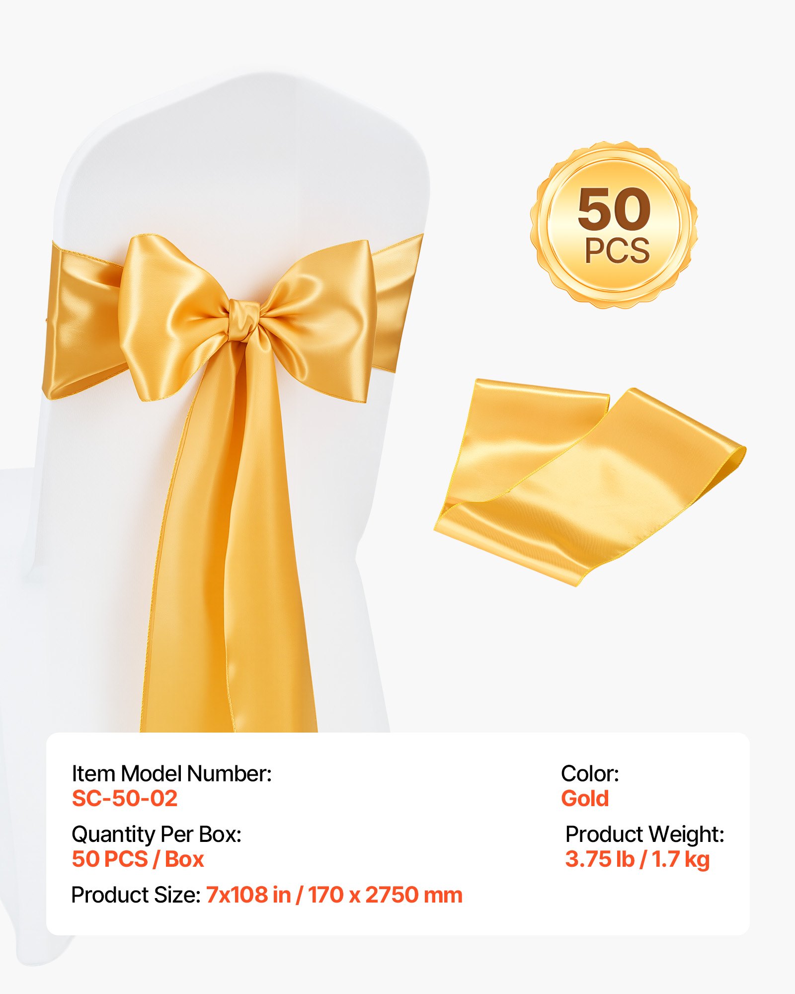 VEVOR Satin Chair Sashes Bows, 50PCS Chair Ribbon Ties Back Sash, 7 x 108 inch, Gold Wedding Reception Decoration, for Wedding Ceremony Baby Shower Party Events Banquet Chair Cover Decoration