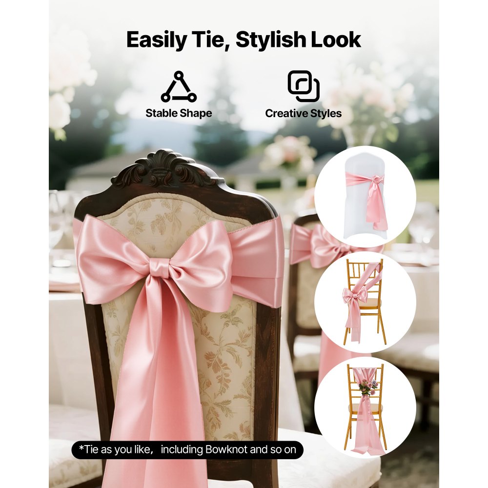 VEVOR Satin Chair Sashes Bows, 100PCS Chair Ribbon Ties Back Sash, 7 x 108 inch, Rose Gold Wedding Reception Decoration, for Wedding Ceremony Baby Shower Party Events Banquet Chair Cover Decoration