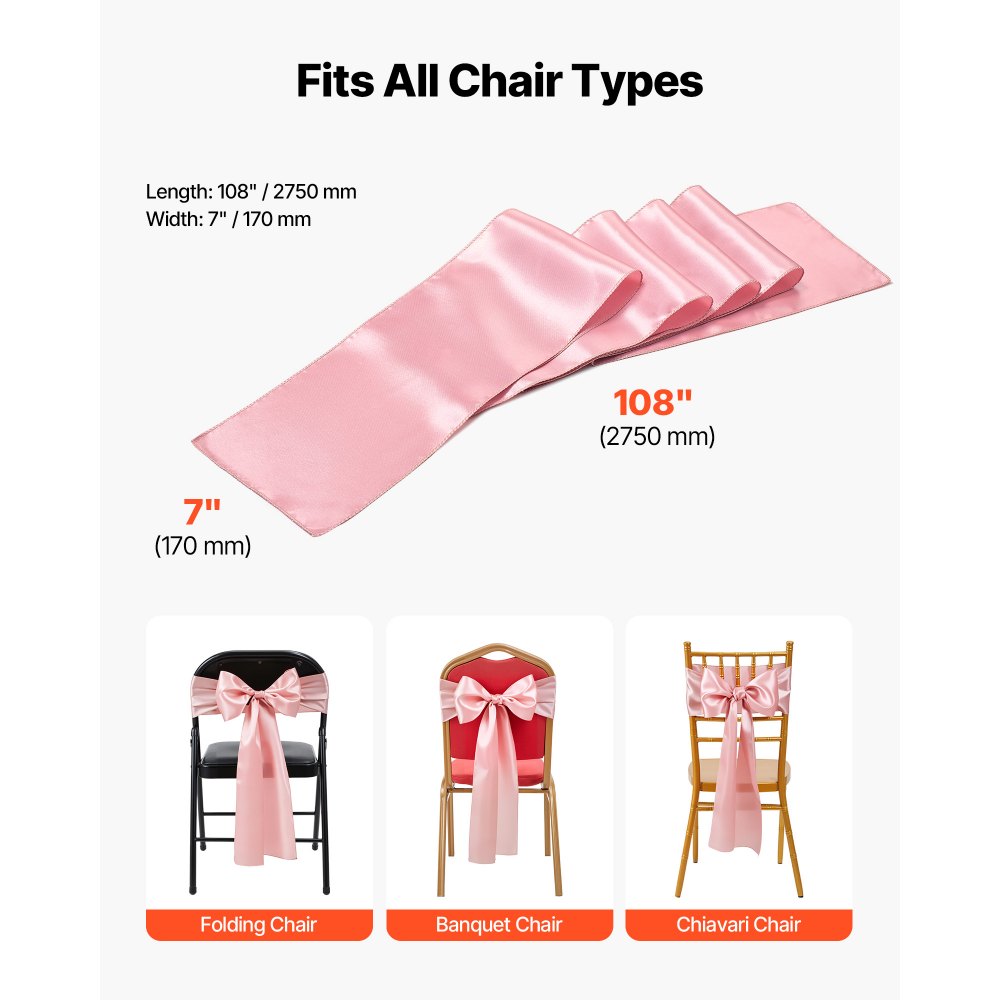 VEVOR Satin Chair Sashes Bows, 100PCS Chair Ribbon Ties Back Sash, 7 x 108 inch, Rose Gold Wedding Reception Decoration, for Wedding Ceremony Baby Shower Party Events Banquet Chair Cover Decoration