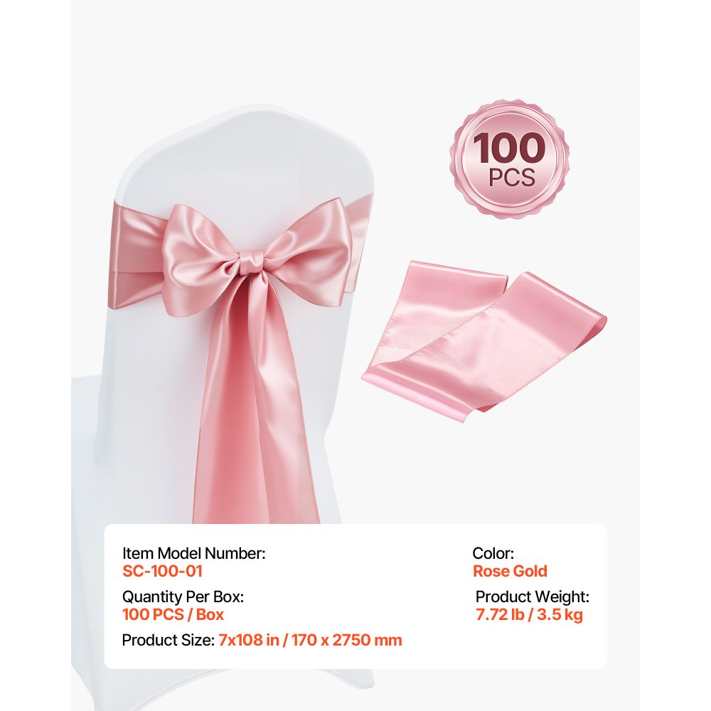 VEVOR Satin Chair Sashes Bows, 100PCS Chair Ribbon Ties Back Sash, 7 x 108 inch, Rose Gold Wedding Reception Decoration, for Wedding Ceremony Baby Shower Party Events Banquet Chair Cover Decoration