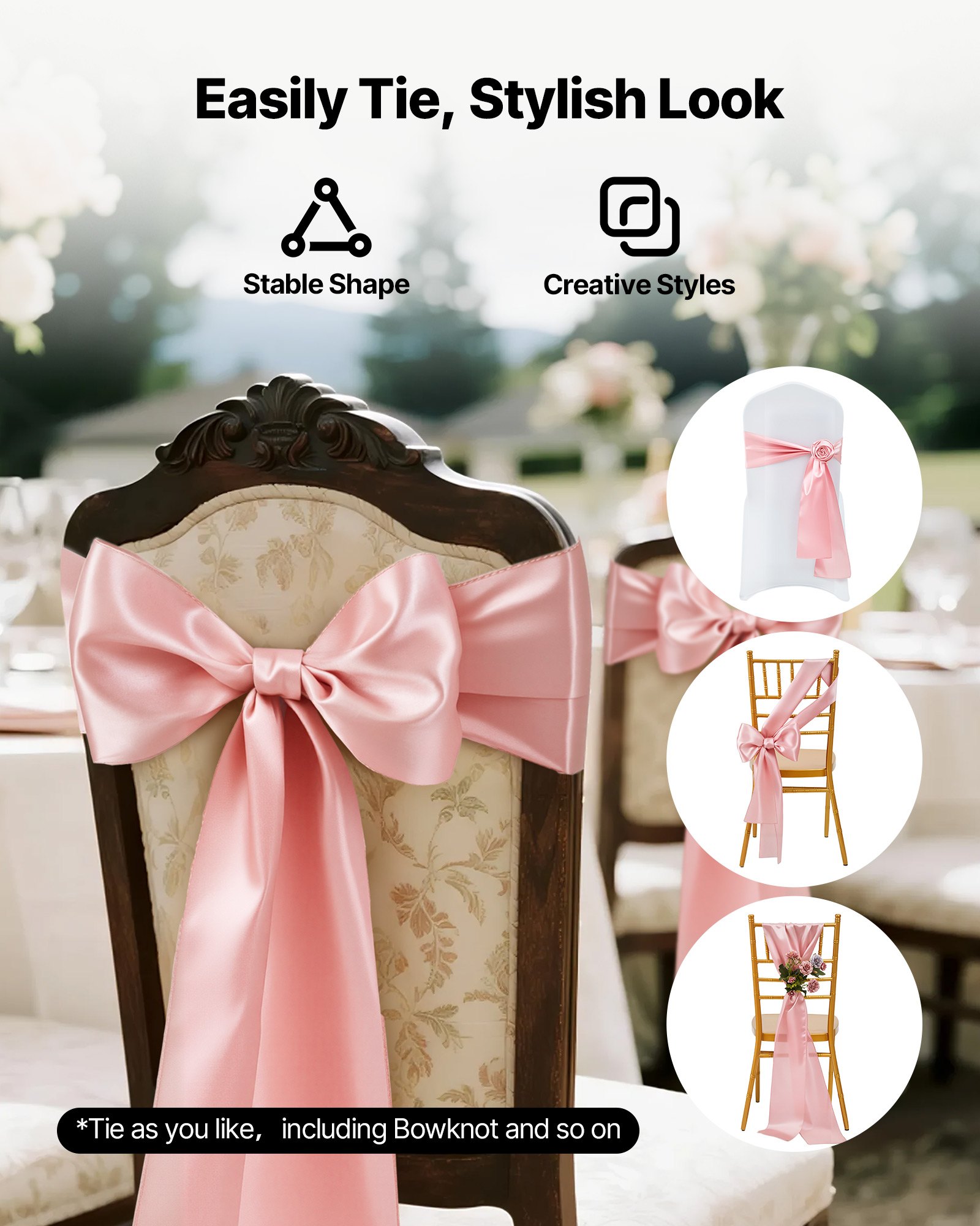 VEVOR Satin Chair Sashes Bows, 100PCS Chair Ribbon Ties Back Sash, 7 x 108 inch, Rose Gold Wedding Reception Decoration, for Wedding Ceremony Baby Shower Party Events Banquet Chair Cover Decoration