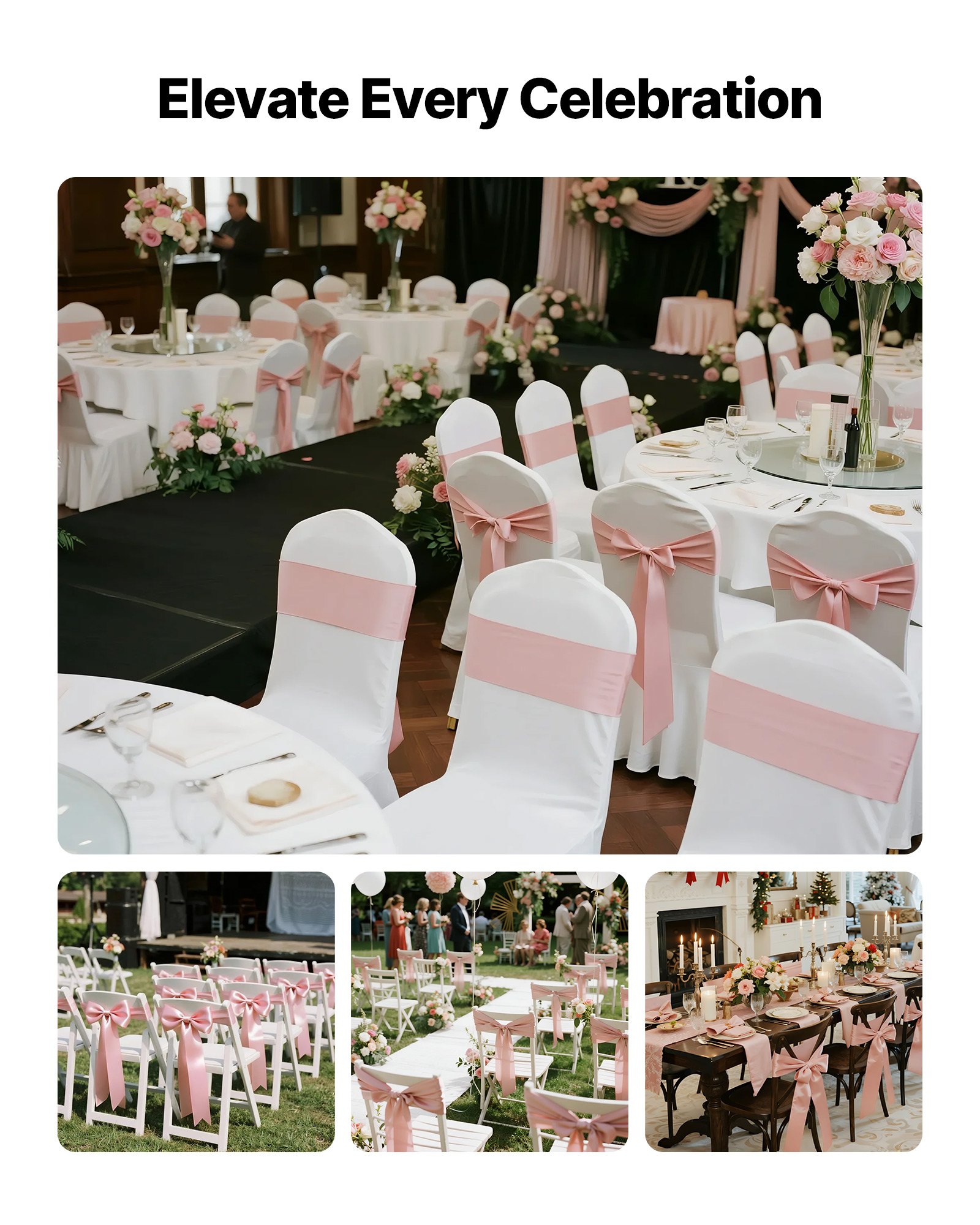 VEVOR Satin Chair Sashes Bows, 50PCS Chair Ribbon Ties Back Sash, 7 x 108 inch, Rose Gold Wedding Reception Decoration, for Wedding Ceremony Baby Shower Party Events Banquet Chair Cover Decoration