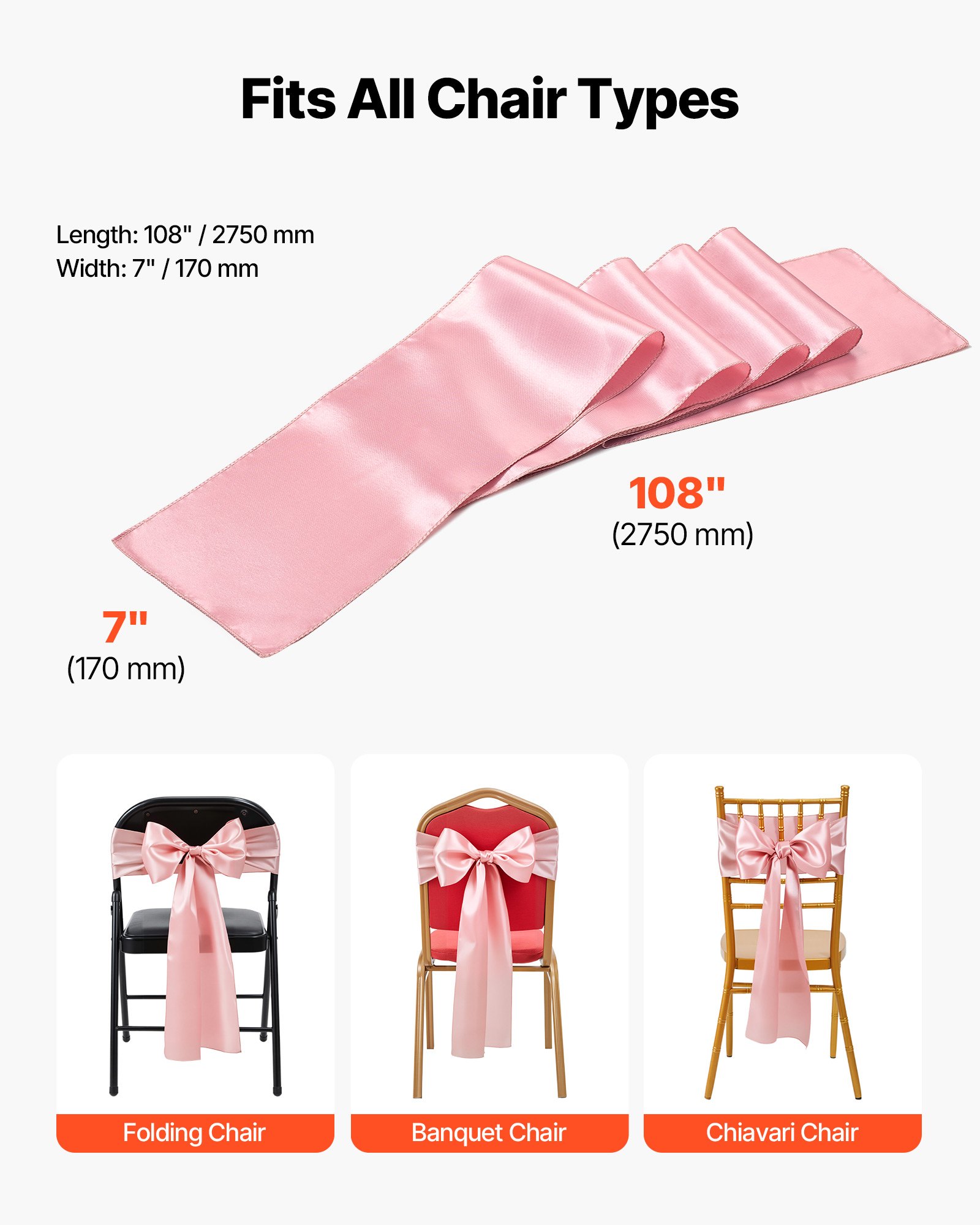 VEVOR Satin Chair Sashes Bows, 50PCS Chair Ribbon Ties Back Sash, 7 x 108 inch, Rose Gold Wedding Reception Decoration, for Wedding Ceremony Baby Shower Party Events Banquet Chair Cover Decoration