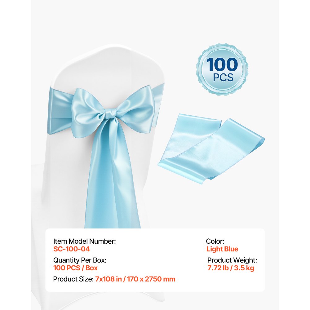 VEVOR Satin Chair Sashes Bows, 100PCS Chair Ribbon Ties Back Sash, 7 x 108 inch, Light Blue Wedding Reception Decoration, for Wedding Ceremony Baby Shower Party Events Banquet Chair Cover Decoration
