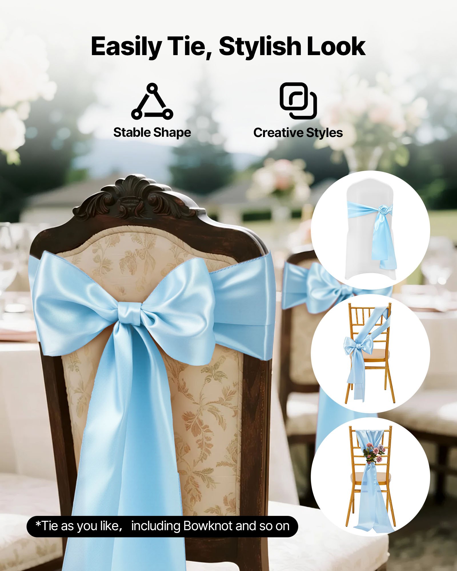 VEVOR Satin Chair Sashes Bows, 100PCS Chair Ribbon Ties Back Sash, 7 x 108 inch, Light Blue Wedding Reception Decoration, for Wedding Ceremony Baby Shower Party Events Banquet Chair Cover Decoration