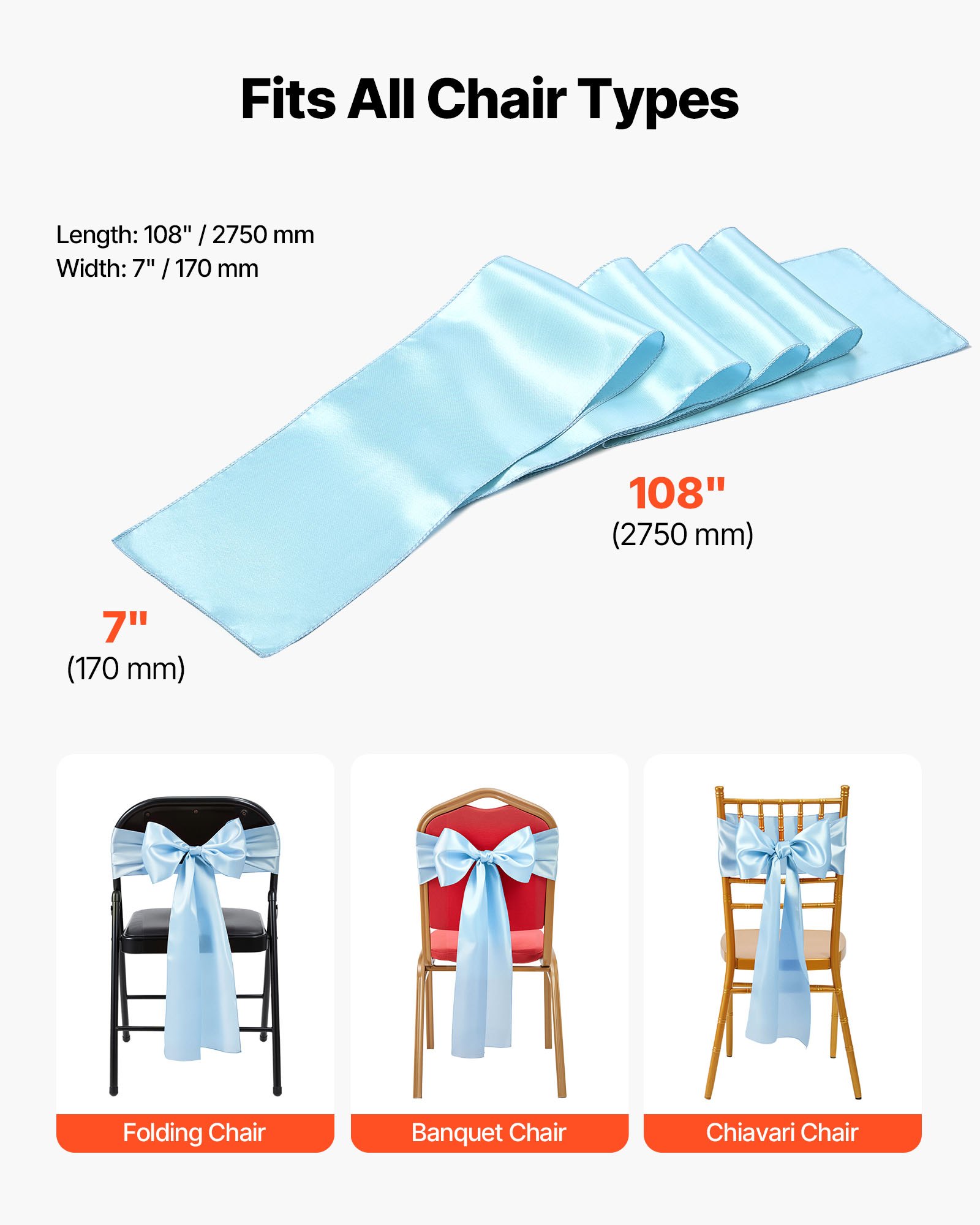 VEVOR Satin Chair Sashes Bows, 100PCS Chair Ribbon Ties Back Sash, 7 x 108 inch, Light Blue Wedding Reception Decoration, for Wedding Ceremony Baby Shower Party Events Banquet Chair Cover Decoration