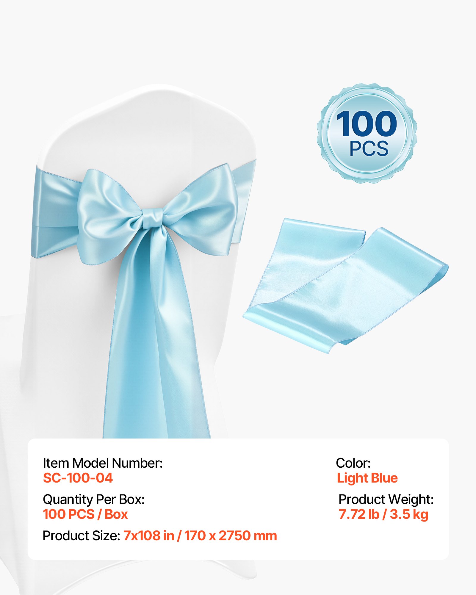 VEVOR Satin Chair Sashes Bows, 100PCS Chair Ribbon Ties Back Sash, 7 x 108 inch, Light Blue Wedding Reception Decoration, for Wedding Ceremony Baby Shower Party Events Banquet Chair Cover Decoration