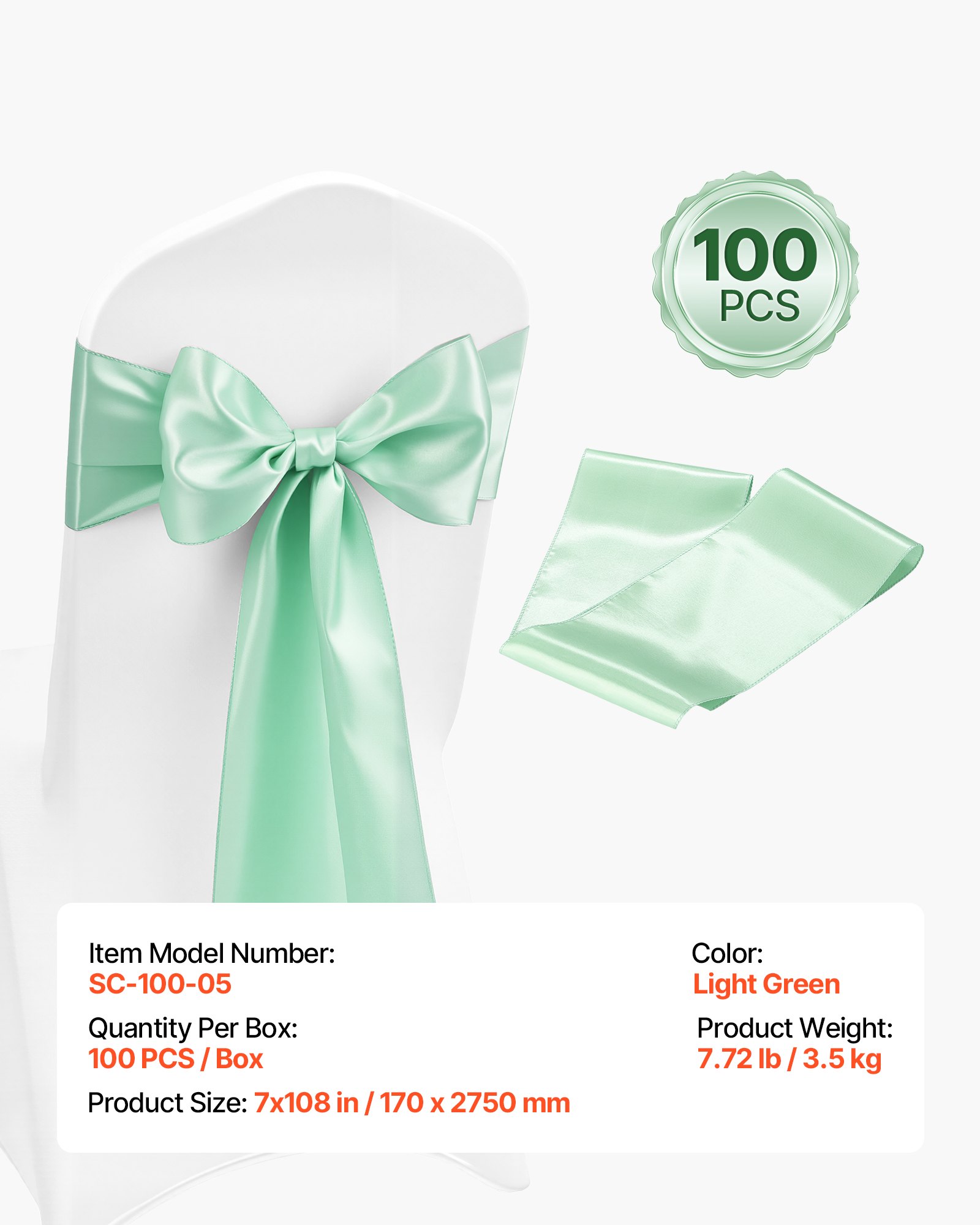 VEVOR Satin Chair Sashes Bows, 100PCS Chair Ribbon Ties Back Sash, 7 x 108 inch, Light Green Wedding Reception Decoration, for Wedding Ceremony Baby Shower Party Events Banquet Chair Cover Decoration