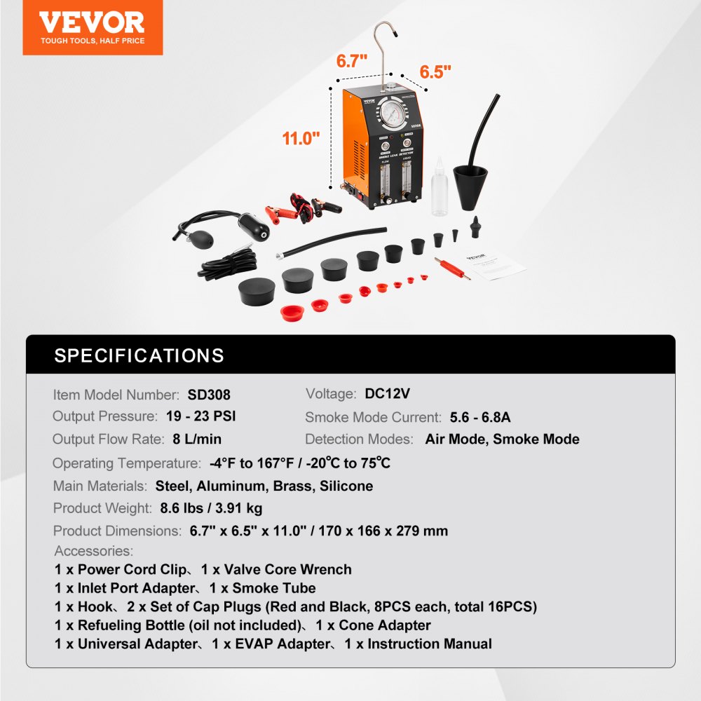 VEVOR Automotive Smoke Machine Leak Detector, EVAP Smoke Machine Leak Tester with Built-in Air Pump, Pressure Gauge, Oil Level & Flow Meter, 2-Mode Vacuum Diagnostic Detector for EVAP Fuel Pipe System