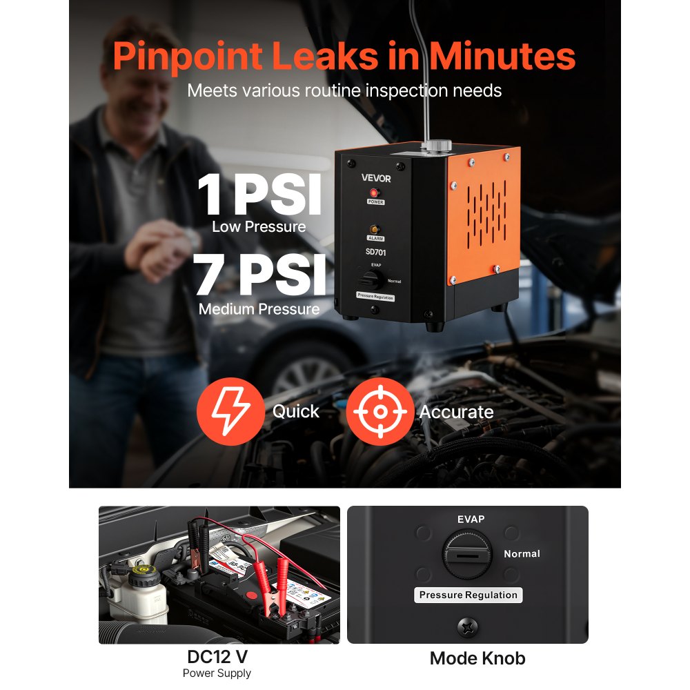 VEVOR Automotive Smoke Machine Leak Detector, DC 12V EVAP Vacuum Diagnostic Tester with Built-in Air Pump, Adjustable Pressure, Vacuum Pipeline Fuel Diagnostic Detector for Cars, Motorcycles, Boats