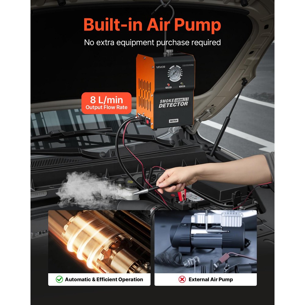 VEVOR Automotive Smoke Machine Leak Detector, DC 12V EVAP Vacuum Diagnostic Tester with Built-in Air Pump & Pressure Gauge, 2-Mode Pipeline Fuel Detector for Cars, Motorcycles, Trucks, Boats, ATVs