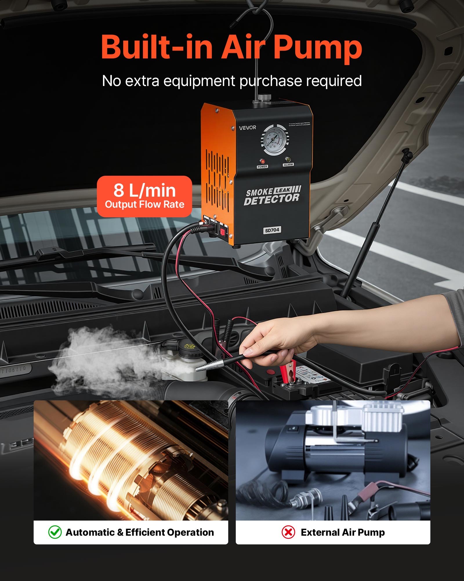 VEVOR Automotive Smoke Machine Leak Detector, DC 12V EVAP Vacuum Diagnostic Tester with Built-in Air Pump & Pressure Gauge, 2-Mode Pipeline Fuel Detector for Cars, Motorcycles, Trucks, Boats, ATVs